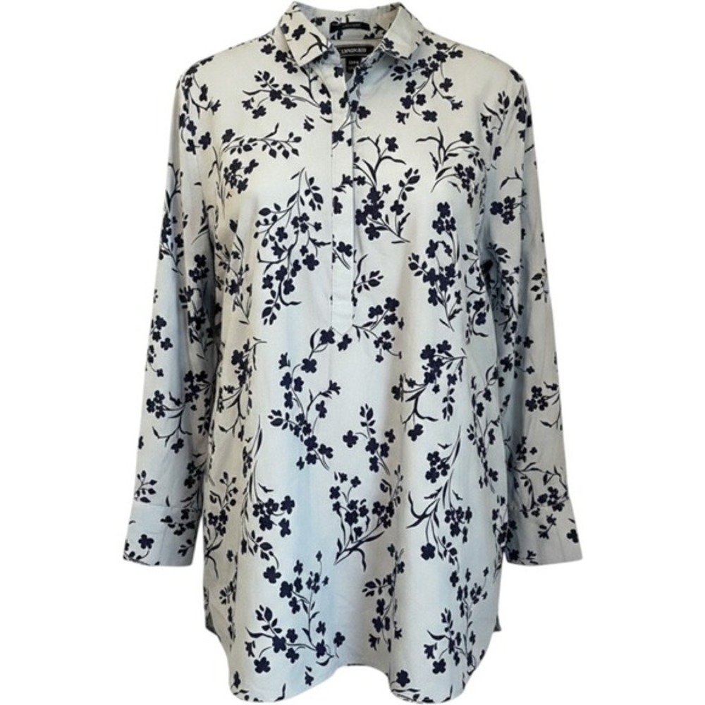 Lands End Size 22W No‎ Iron Supima Cotton Blue Floral Tunic Shirt Office Casual